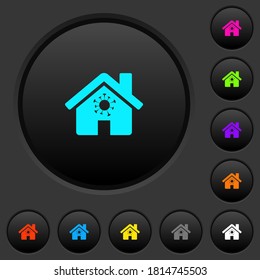 Botones de inserción oscuros de cuarentena en el hogar con iconos de color vivos en fondo gris oscuro