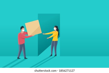 Home quarantine delivery concept - couirer stands at the door and brings a parcel to happy womanin face mask - vector illustration