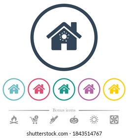 Home quarantine flat color icons in round outlines. 6 bonus icons included.