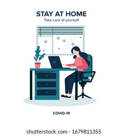 Home Quarantine illustration. Corona virus - staying and working at home. Young girl working from home during Covid-19.Self-isolation shield  from coronavirus.Remote work from home during Quarantine.