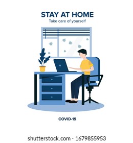 Home Quarantine illustration. Corona virus - staying and working at home. Young boy working from home during Covid-19.Self-isolation shield  from coronavirus.Remote work from home during Quarantine.