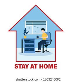 Home Quarantine illustration. Corona virus - staying and working at home. Young boy working from home during Covid-19.Self-isolation shield  from coronavirus.Remote work from home during Quarantine.