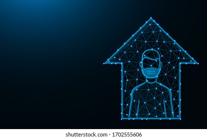 Home quarantine made from points and lines on dark blue background, self isolation wireframe mesh polygonal vector illustration