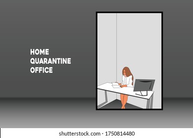 home quarantine office illustration, minimal office design ,simple office illustration.girl illustration