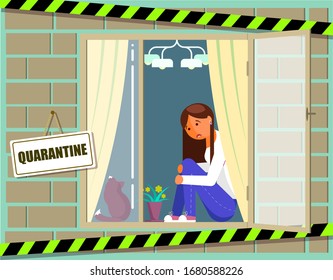 Home quarantine virus epidemic vector poster. Young girl in self isolation. Coronavirus respiratory disease prevention and awareness. Woman fell sick from corona virus and stay at home