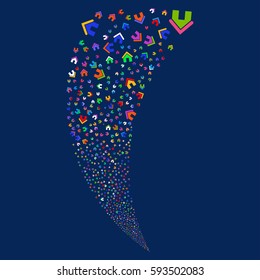 Home random fireworks stream. Vector illustration style is flat bright multicolored iconic symbols on a blue background. Object fountain organized from scattered design elements.
