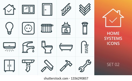 Home rapair and systems icons set. Set of house door, window, stairs, electric, toilet, shower, faucet, furniture, wrench, hummer, fireplace vector icons