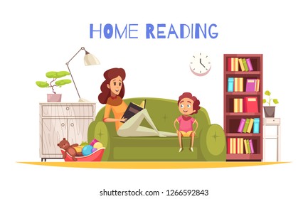 Home reading background with bookshelf lamp and sofa flat vector illustration