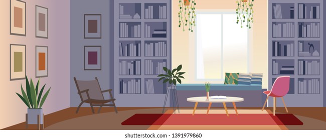 Home reading concept. Wooden shelves full of book in home library against the window and place for reading. Bright and cozy room in a modern style. Vector, flat, cartoon illustration