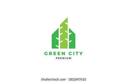 home or real estate or building with green leaf plant tree modern logo vector illustration design