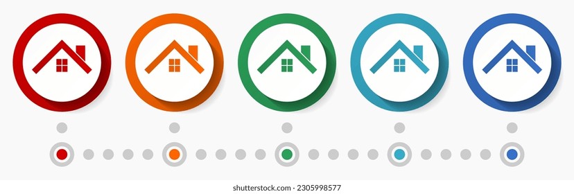 Home, real estate concept vector icon set, infographic template, flat design circle colorful web buttons in 5 color options