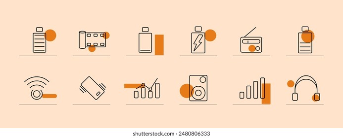 Home and real estate line icons set. Bar graph, speaker, power bank, headset, radio, WiFi, mobile phone, signal strength, bottle. Household, property, living concept