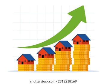 Home real estate prices are increasing. invest in buildings and homes. House price rising arrow diagram. House building on pile of dollar coins and deep arrow. flat illustration on white background.