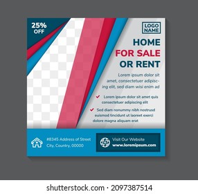 home real estate property square banner for social media sale or rent banner for flyer and post template. diagonal space for photo collage. combination red, blue and grey colors. 