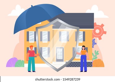 Home, real estate security system, protection or safety. Man and woman stand near house and hold big shield. Poster for social media, web page, banner, presentation. Flat design vector illustration