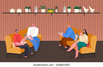 Home reception of friends sitting on sofa with cushions and speaking together. Conversation of man and woman eating cake and drinking wine. People sitting on soft place with pastry food vector