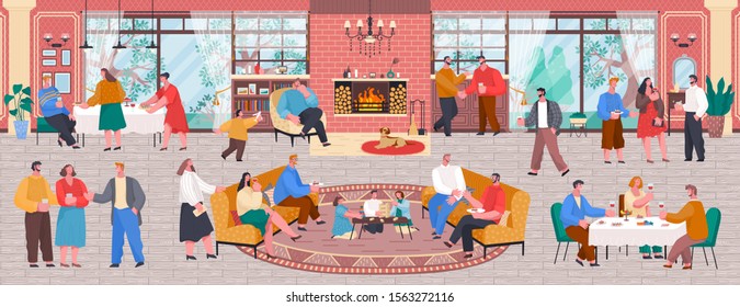 Home reception or house party, people eating and talking, children playing. Living room with fireplace interior, family and friends gathering. Characters having home dinner and speaking vector