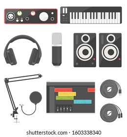 home recording equipment for music production audio interface, midi keyboard, headphone monitor, microphone, speaker, akai and xlr cable and software digital audio waveform.