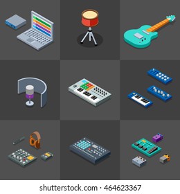 Home Recording Studio Icons Set. 3D Isometric Low Poly Flat Design. Vector illustration.