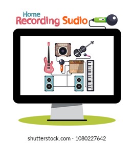 Home Recording Studio on Computer Screen - Vector Illustration