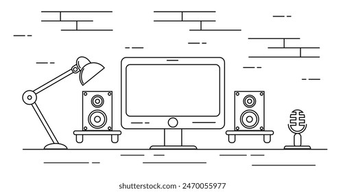Home Recording Studio with Speakers and Microphone Flat. Art and entertainment industry concept vector