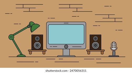 Home Recording Studio with Speakers and Microphone Flat. Art and entertainment industry concept vector