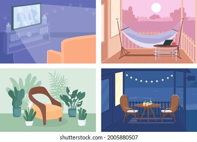 Home Recreation Flat Color Vector Illustration Set. Romantic Dinner In Backyard. Watching TV. Empty Household 2D Cartoon Interior With Cozy Indoor And Outdoor Space On Background Collection