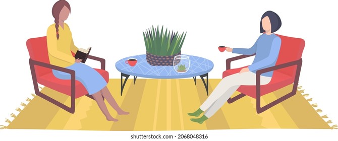 Home recreation woman character sitting and friendly talk, couple girlfriend dialogue drink tea cartoon vector illustration, isolated on white.