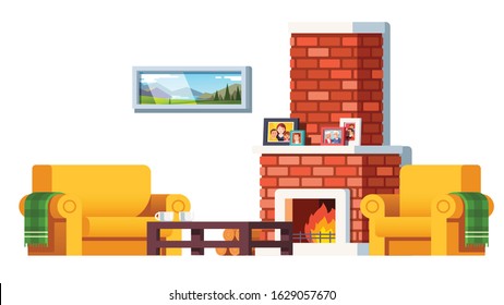 Home red brick fireplace interior with burning fire, sofa, armchair with blankets, tea table, and some family and grandparents photos standing in frames. Cozy and warm room fireside. Flat vector inter