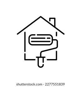 Home redecoration. House and roller painter. Pixel perfect, editable stroke icon