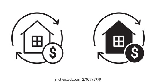 Home refinance icon set in outline and silhouette style, representing mortgage renewal, property investment, and financial services, vector illustration.