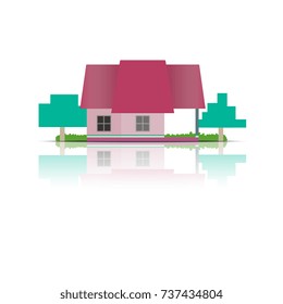 Home with the reflection and tree on white background. Concept living in the nature.