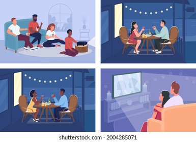 Home relaxation flat color vector illustration set. Romantic dinner. Movie marathon. Friends and couples 2D cartoon characters with indoor and outdoor space on background collection