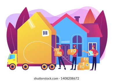 Home relocation, client boxes and cardboard containers in truck. Moving house services, door-to-door removals, best movers service concept. Bright vibrant violet vector isolated illustration