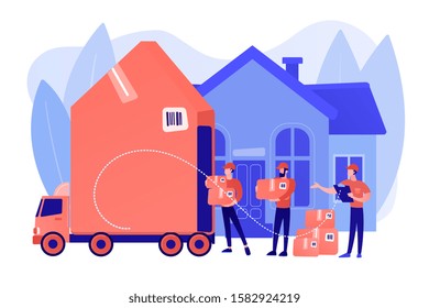 Home relocation, client boxes and cardboard containers in truck. Moving house services, door-to-door removals, best movers service concept. Pinkish coral bluevector isolated illustration