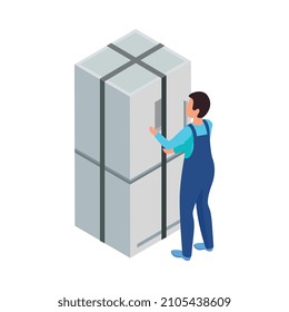 Motor de reubicación de casa en la ilustración vectorial 3d del icono isométrico del refrigerador uniformado y empaquetado