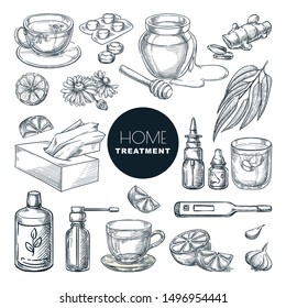 Home remedies treatment and medicines for colds, coughs. Vector hand drawn sketch illustration. Healthcare natural herbal therapy icons, isolated on white background.