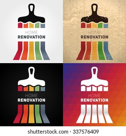 Home remodeling logos. Set of vector labels on various backgrounds. Paint brush logo on black, white, cardboard and triangle backgrounds. House renovation emblems.
