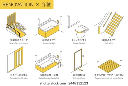 Remodelación de hogar, remodelación de hogar de ancianos elegible para seguro y subsidios de hogar de ancianos, ilustración isométrica simple, Ilustración vectorial