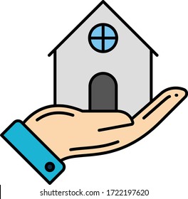 Remodelación y renovación del hogar. Concepto de diseño de icono de color vectorial. Mano humana sosteniendo una casa modelo con fondo blanco.