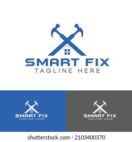 Home Remodeling and repair logo design template, two hammers in cross style, smart fix logo.