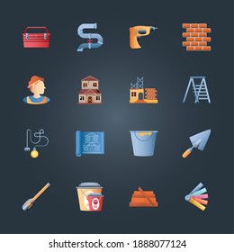 remodelación del hogar caja de herramientas broquetas ladrillos escalera blueprint trowcket paquete iconos fondo negro ilustración vectorial