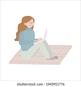 Home remote work. Cartoon young calm woman operating computer from house on the floor, comfortable workplace. Cute adult girl sitting with laptop. vector freelance illustration in pastel colors
