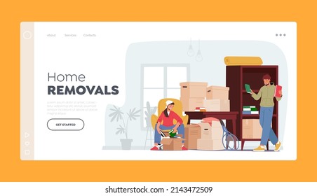 Home Removals Landing Page Template. Young Couple Characters Moving into New Home, Man and Woman Unpacking Cardboard Boxes with Books. Relocation to New House. Cartoon People Vector Illustration