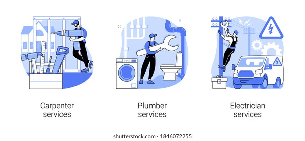 Home renovation abstract concept vector illustration set. Carpenter, plumber and electrician services, building maintenance, sewer and drain repair, home automation, woodwork abstract metaphor.