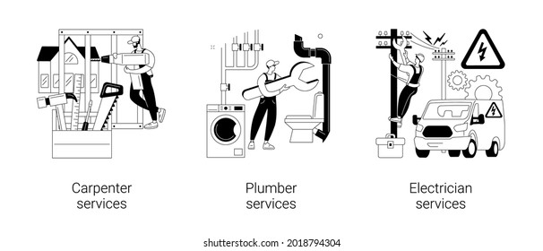 Conjunto de ilustraciones vectoriales de concepto abstracto de renovación doméstica. Servicios de carpintería, fontanería y electricista, mantenimiento de edificios, reparación de alcantarillado y drenaje, automatización de viviendas, metáfora abstracta de carpintería.