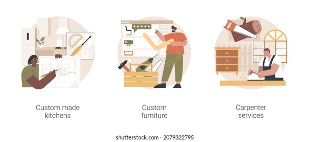 Home Renovation Abstract Concept Vector Illustration Set. Custom Made Kitchen And Furniture, Carpenter Services, Bespoke Design Idea, Backsplash Tile, Artisan Manufacturing Abstract Metaphor.