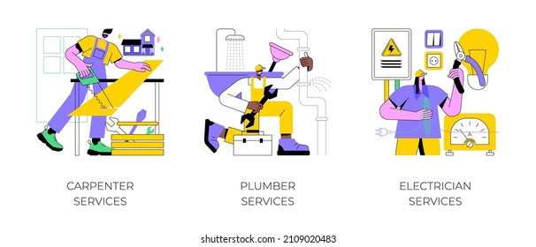 Home renovation abstract concept vector illustration set. Carpenter, plumber and electrician services, building maintenance, sewer and drain repair, home automation, woodwork abstract metaphor.