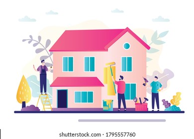 Home renovation banner. Men repairs house. Renovation and reconstruction building. Foreman and workers. Man worker, construction builder character in trendy style. Flat vector illustration