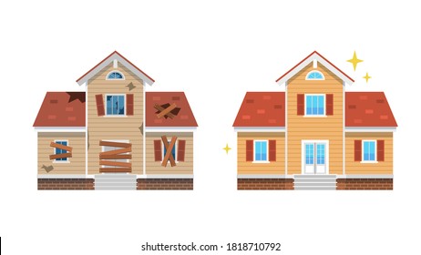 Home renovation before and after. Facade new and old broken suburban cottage front view, remodel urban building, fix house exterior, home repair service vector flat cartoon isolated on white concept